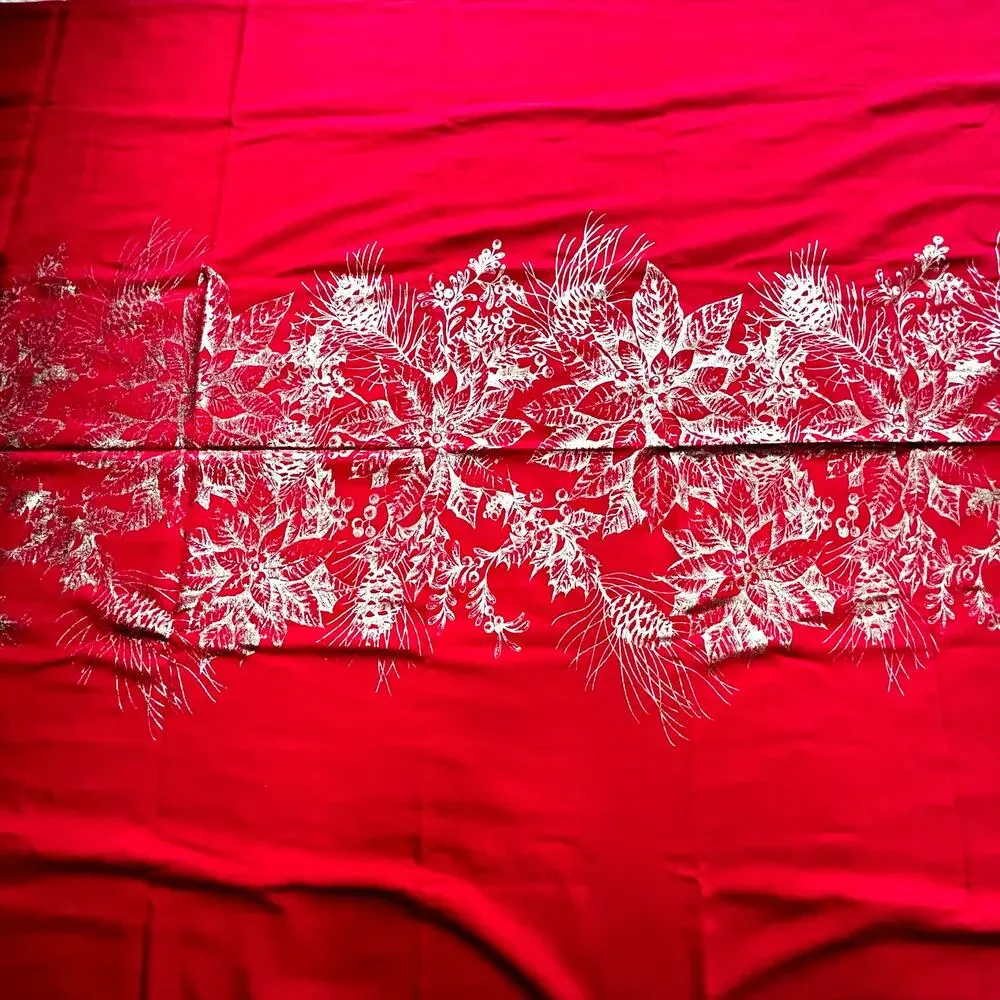 Vintage Christmas Holiday tablecloth buffet size rectangle red with gold leaves